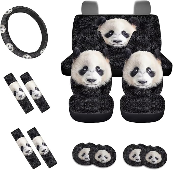 Panda Print Car Accessories Pack of 13, Auto Front and Rear Seat Cover Set of 4, 1 Steering Wheel Cover, 4 Seat Belt Cover, 4 Cup Holder Coasters Universal Fit for Most Cars