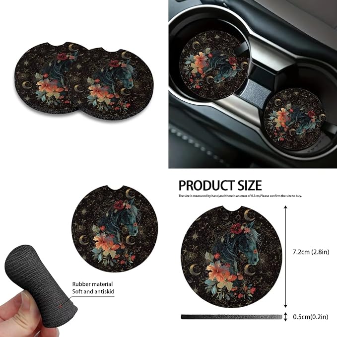 Horse Hibiscus Moon Star Pattern Print 10 Pack Car Accessories, Front and Rear Seat Covers Car Trash Bin Steering Wheel Cover Cup Holders Keychain Air Vent Storage Bag Car Interior Decor