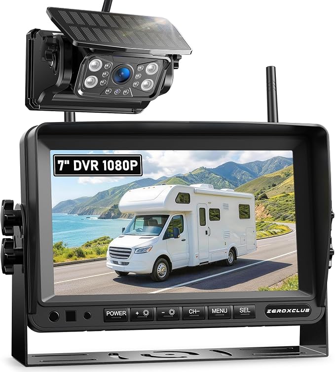 Magnetic Solar Wireless Backup Camera System, HD 1080P 7" Monitor with Rear View Camera for RV/Trailer/Fifth Wheels/Camper, Night Vision, Portable Rechargeable Battery, Loop Recording-ZEROXCLUB BS701