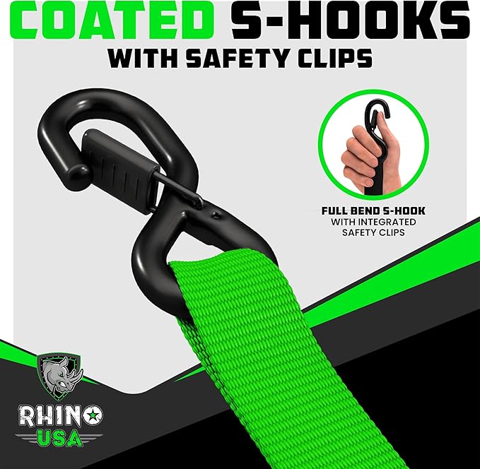 Rhino USA Ratchet Straps Heavy Duty Kit (2-Pack) - 1.6 Inch x 8 Feet Min Break Strength (5,000) - Ultimate Tie Down Straps with Safety S Hooks for Trucks, ATV, UTV, Motorcycle, Cargo & More - Green