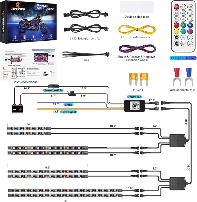 8PCS Chasing Dreamcolor Motorcycle LED Lights Kit with/APP/RF Remote Brake Turn Signal,RGB+IC Motorcycle underglow LED Strip Lights 12v Waterproof Music Mode Multicolor for Harley Honda Yamaha