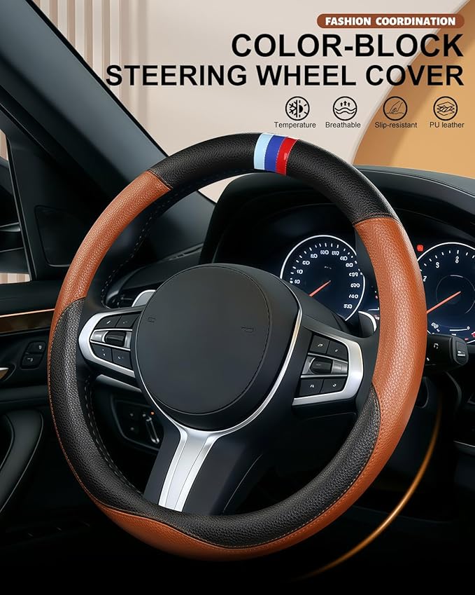 Steering Wheel Cover for BMW Leather Car Steering Wheel Covers Universal for Car SUV Truck with Anti-Slip Lining 14.5-15inch (Brown)
