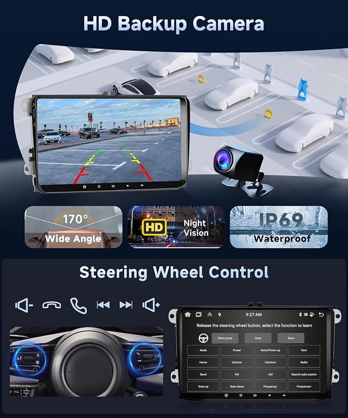 4+64G Android Car Radio Stereo with Wireless Carplay for VW Passat Tiguan Golf MK5 MK6 Jetta Skoda Seat Polo 9 Inch Capacitive Touch Screen Android Auto GPS Navigation Bluetooth FM GPS Radio