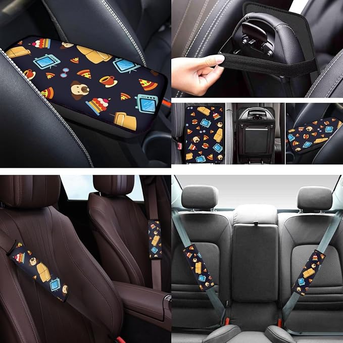 Cartoon Style 12 Pcs Car Seat Covers Full Set with Steering Wheel Cover,Seat Belt Covers Cup Holder Center Console with Keychain Universal Fit for Cars SUV