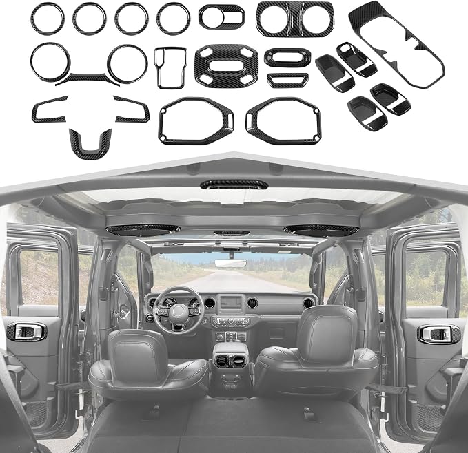 23pcs Full Set Interior Trim Kit for Jeep Wrangler JL JLU Gladiator JT 2018-2023 Steering Wheel Door Handle Air Conditioning Vent Cup Holder Reading Light Headlight Gear Cover, Carbon Fiber