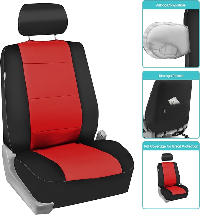 FH Group Waterproof Neoprene Car Seat Covers Front Set – Universal Fit Front Seat Covers with Storage Pockets, Airbag Compatible Automotive Seat Covers for Cars, SUVs & Vans, Red