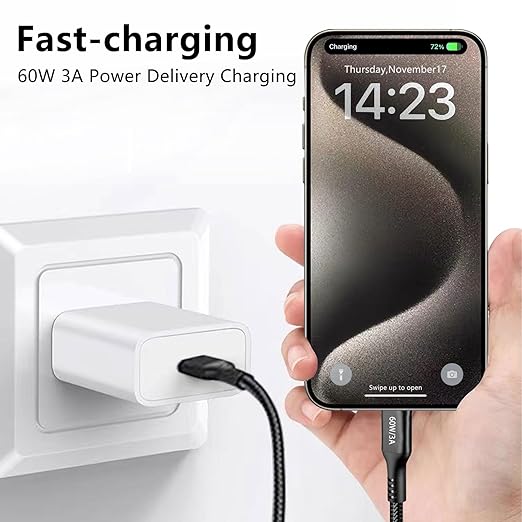 USB-C to USB-C Cable 60W 10FT 2Pack, USB C Cable 2.0, Long Fast Charging Type C Cord for Samsung Galaxy S23 S22 S21, Apple iPad mini 6/Pro/Air 4, Moto razr+, Google Pixel 7a, Switch, Black