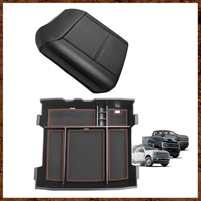 Muslogy Center Console Organizer(Fit With OEM Tray) (Brown)& Extra Thick Armrest Cover (Bucket Seat Only) Compatible with Ford F250 2023-2024