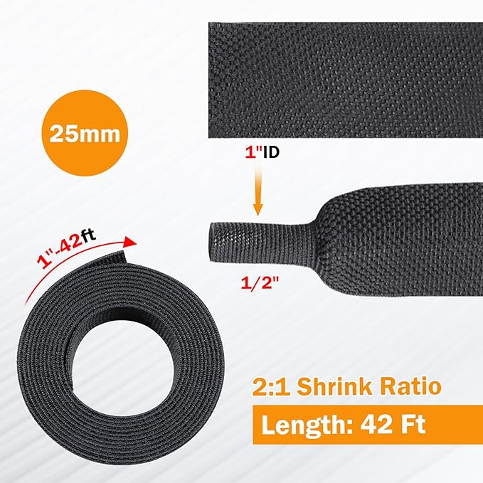 50% Woven Wire Loom Heat Shrink Braided Sleeving Shrinkable Fabric Cable Sleeve Braid Hose Covering Protection for Automotive Wire/Harness/Sheath(1"-42ft)