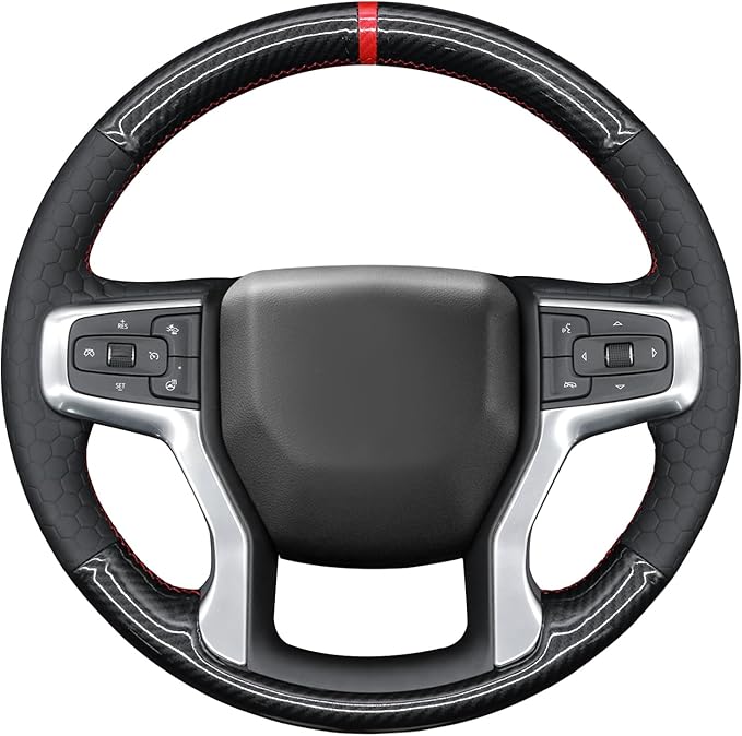 MEWANT Steering Wheel Cover for Chevy Silverado 1500 2019-2024/2500 3500 2020-2024/Blazer 2019-2024/Suburban Tahoe 2021-2024 Carbon Fiber Hand-Stitched Steering Wheel Wrap