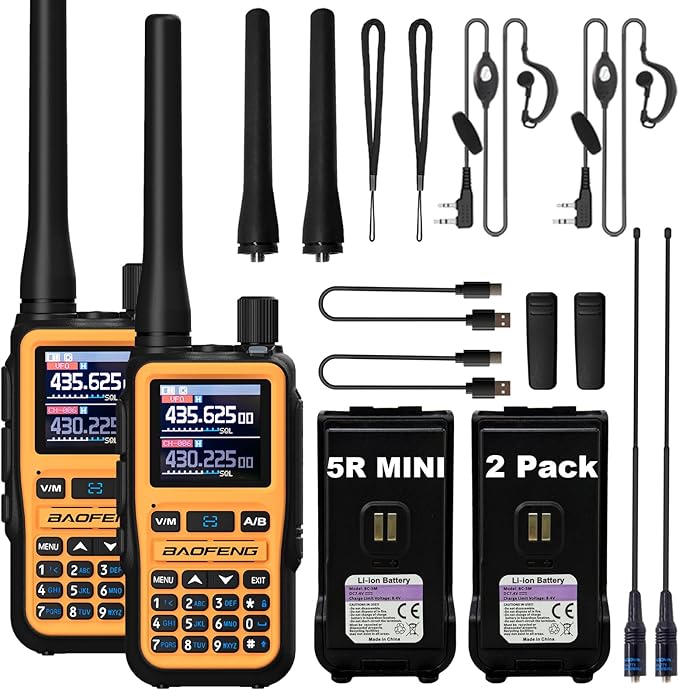 BAOFENG UV-5R Mini Two Way Radio BF-5R Mini Walkie Talkie Wireless Power Adjustable Tiny Size Frequency Copy 999 Channels Type-C Four Colors Portable Ham with 771 Antenna and Headset（2 Pack） (Orange)
