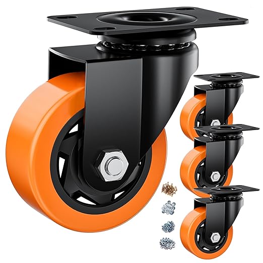 3" Swivel Plate Casters Set of 4 Heavy Duty 1000 lbs | Orange PU, Non-Marking, Quiet. 1000 Lbs/4 Casters. No Brake - Continuous Rolling. Black Rustproof Bracket. Workshop, Garage