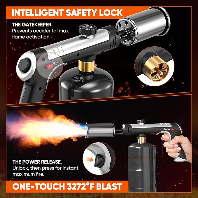 Sakerplus Propane Torch,3272°F Flame Thrower Gun with Adjustable Flame&Safety Lock,Powerful Grill&Cooking Blow Torch for Searing Steak,Sous Vide,BBQ,DIY,Campfire Charcoal Starter(Tank Not Included)