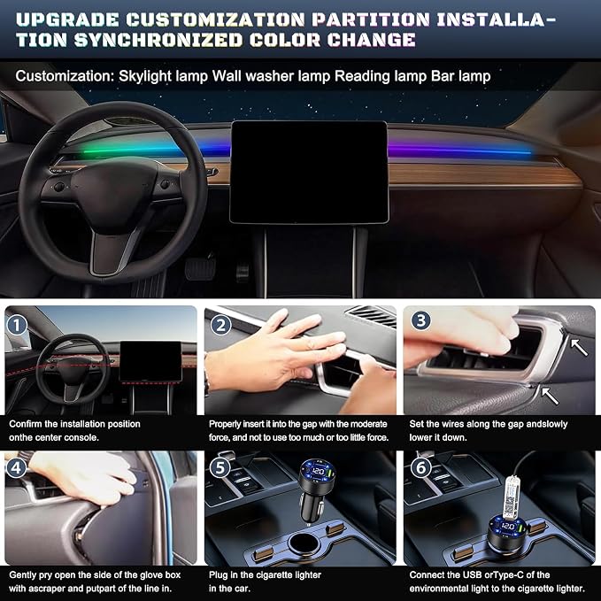 Dreamcolor Acrylic Interior Car LED Strip Light with USB/Type C/4-Port Cigarette Lighter, RGB 2 in 1 with 59.04 inches LEDs Ambient Lighting Kits, Sound Active Function Neon Led Strips for Car