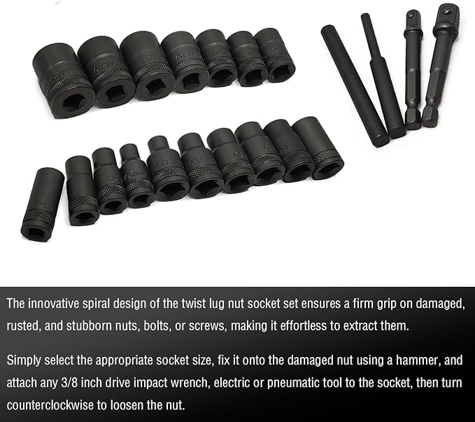 21PCS Twist Lug Nut Socket Set - 3/8 inch Drive Damaged Nut Lock Remover Extractor - Rusted & Strip & Stripped & Stuck Locking Nut Removal Tool Kit