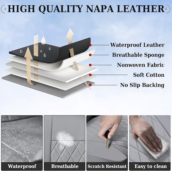 Coverado Tacoma Seat Covers Full Set, Faux Leather Car Seat Covers Custom Fit for 2005-2023 Toyota Tacoma Double & Crew Cab SR SR5 Limited TRD Sport/Pro/Off Road Toyota Tacoma Accessories (Gray)