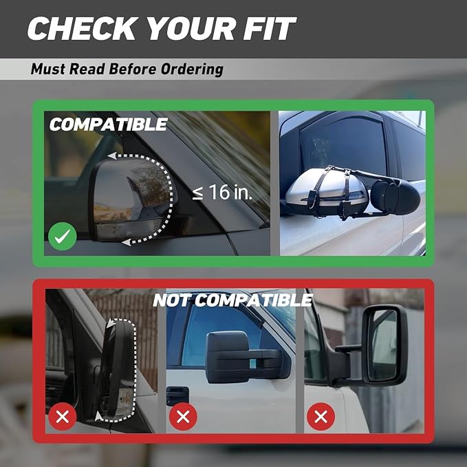 MG91 Dual-Arm Towing Mirrors for Trucks, SUVs, RVs & Trailers | Fluorescent Green finish with two securing straps and a rubber strap to help reduce vibration and keep mirrors steady.