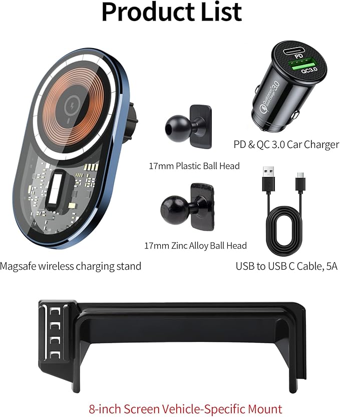 Wireless Charging Car Phone Holder for Ford Bronco Sport 2021-2024, 8" Screen Fixed Clip, 360° Rotation Car Phone Mount Compatible with MagSafe