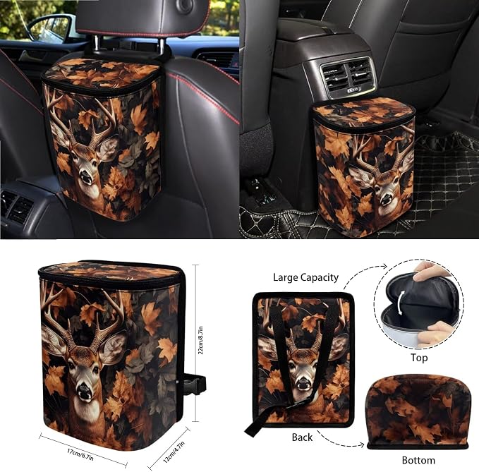 Deer Hunting Camo Print Auto Interior Sets Full Car Front Rear Seat Covers Steering Wheel Cover Seat Belt Covers Coasters Trash Can Keychain Air Vent Storage Bag 15pcs Set