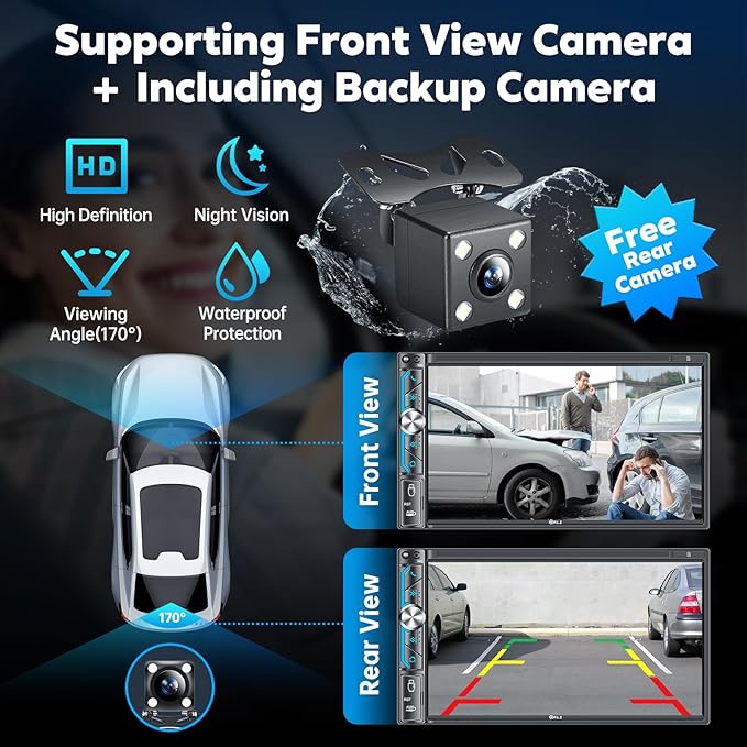PLZ 7" Wireless Double Din Car Stereo Apple Carplay Radio Screen for Car Audio Receivers, Bluetooth, Car Play Android Auto Touchscreen, 240W 4.2 CHN 2 Subwoofers Outputs, SWC, FM/AM, Backup Camera