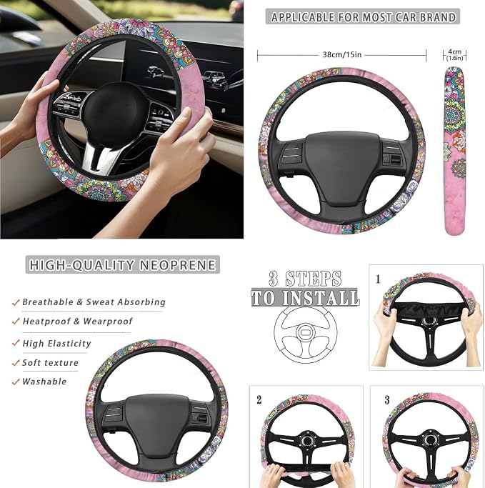 Pink Mandala Car Accessories Auto Seat Covers Full Set of 15 with Steering Wheel Cover, Seat Belt Pads, Trash Can, Coaster, Rearview Mirror Cover, Keychains for SUV Van