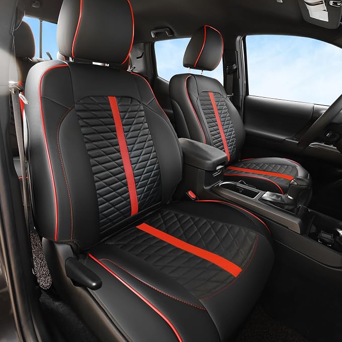 Car Seat Covers Fit for Toyota Tacoma 2016-2023 3rd Gen Double & Crew Cab SR SR5 Limited TRD Sport/Pro/Off Road Full Set,Waterproof Breathable Leather Full Coverage (Red Black)