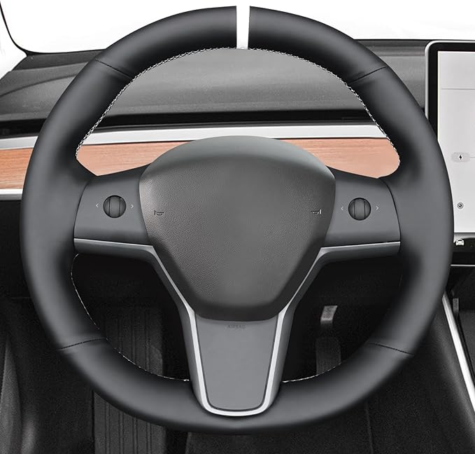 MEWANT Hand Sewn Black Smooth Faux Leather Steering Wheel Cover Wrap for Tesla Model Y 2020-2023 Tesla Model 3 2017-2023