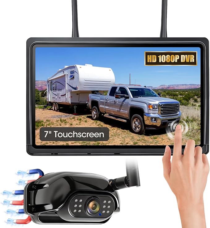 Magnetic Wireless RV Backup Camera System, 7" 1080P Touchscreen DVR Rear Camera Compatible with Furrion Pre-Wired Plug, Night Vision Waterproof Camera for Hitching, RV, Trailer, Truck, A11