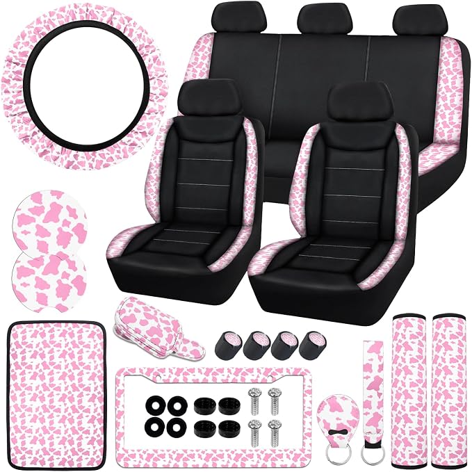 23 Pcs Leather Car Seat Cover Full Set for Women,Universal Car Seat Cover,Print Printing Car Steering Wheel Cover Center Console Armrest,Sunglass Holder Accessories Full SUV(Pink Cow)