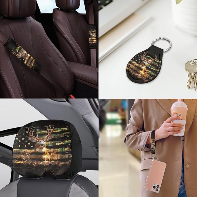 American Flag Deer Car Seat Covers Full Set 18 Pieces Animal Deer Car Interior Accessories Set with Seat Belt Pads Cover Car Trash Can Cars Headrest Covers Rear View Mirror Cover