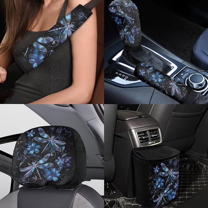 BIGCARJOB 15 Pack Purple Dragonfly Car Seat Cover Full Set Auto Seat Headrest Cover Universal Steering Wheel Cover Car Trash Can Hanging Automotive Interior Sets for Women Gifts