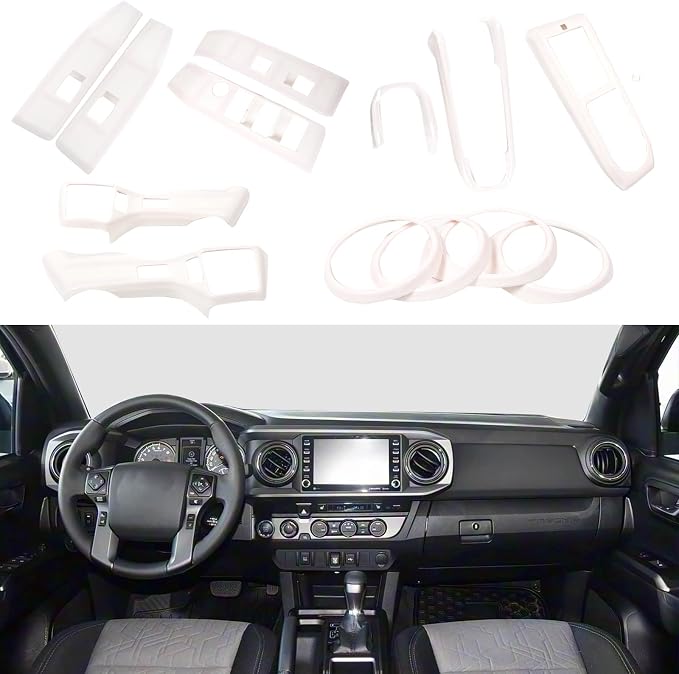 Lcojicep 14PCS Full Set Interior Decoration Trim Kit Compatible with Toyot@ Tacoma 2016-2022 Central Control Dashboard Frame Cover Shift Knob Cover Air Vent Trim Cover Window Button Cover (White)