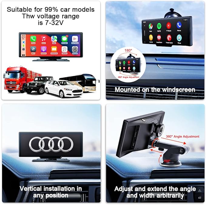 9.3" Portable Car Radio with Dashcam, Wireless Dash Mount, Apple CarPlay & Android Auto, Touch Screen Display, Bluetooth Stereo, Mirror Link, FM, GPS Navigation