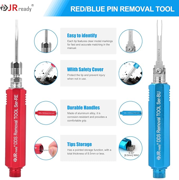 JRready ACTCRH7A04 Pin Extractor Tool Set, Compatible with TE, Deutsch, AMP, Molex MX150, Delphi, Harting, YAZAKI, JPT, D SUB Connectors, Blade and Round Pin Extractor with 40 Replacement Tips