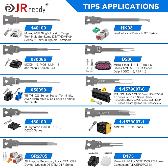 JRready 20PCS Pin Removal Tool Kit, Pin Electrical Terminal Release Tool Set for Deutsch, AMP, TE, Molex, Harting, D SUB Connectors-JRconDRK00A20-02