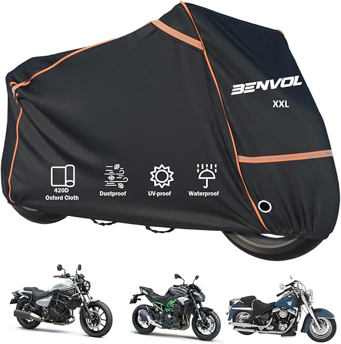 BENVOL 420D Heavy Duty Motorcycle Cover Waterproof Outdoor, 5000mm Rainproof Material Motorbike Cover with 2 Windproof Buckles, Lock Holes & Wide Reflective Strips, Anti-UV Sun Dust Protection