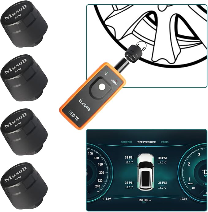 Masoll TPMS Sensor for GM Chevy Chevrolet Silverado Buick Cadillac GMC, Gen 2 TPMS Sensors Set of 4 with 1 TPMS relearn Tool, External Tire Pressure Sensor, Easy to Install