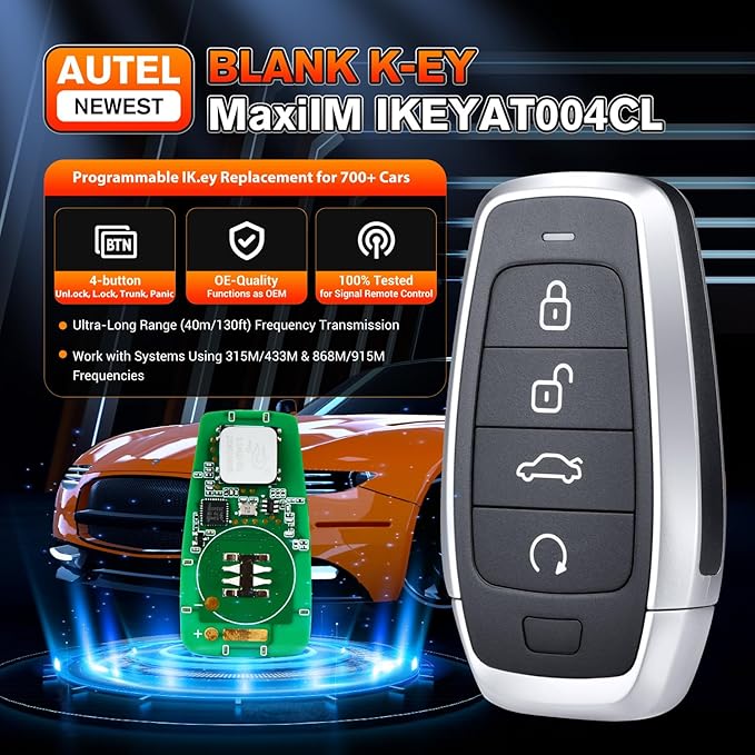 Autel Original Blank Key, IKEYAT004CL, 2026 Programmable Universal Key Fob Replacement, 4-Button OE-Quality for 700+ Vehicles, OBD Learning, Dual-Band, 130FT Remote, Work w/ KM100 Scan Tool