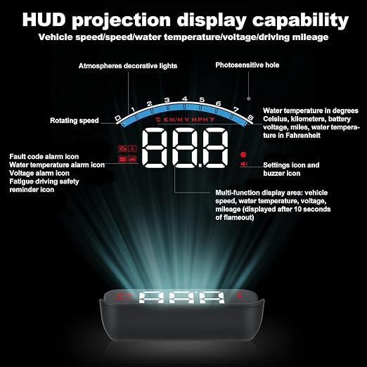 Car HUD Head up Display for car OBDII Head Up with Speed RPM Water Temperature Voltage Alarms and Fatigue Driving Reminder Code Readers & Scan Tools