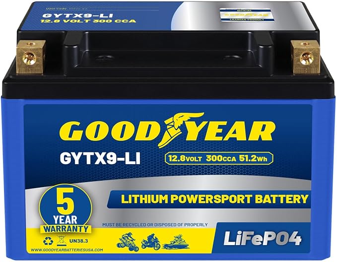 Goodyear GYTX9-LI Lithium LiFePO4 12.8V 300CCA Rechargeable High Performance Powersport Battery with Smart BMS Replacement for Motorcycle, ATV, UTV, Scooter, Watercraft, Jet Ski, and Snowmobile