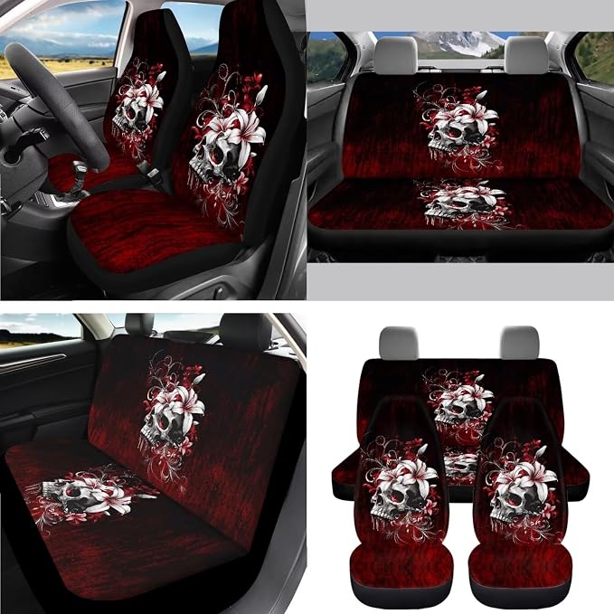 AFPANQZ Skull Red Rose Car Seat Covers 11 Pcs Interior Accessories Protector Hand Brake and Gear Shift Knob Cover, Seat Belt Pads, Steering Wheel Cover Universal Fit Car Truck SUV