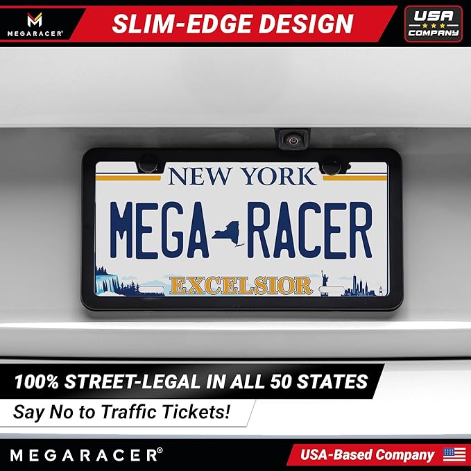 Powder-Coated Matte Black Thin License Plate Frame – 1 Piece, Car Wash Proof Stainless Steel, Rust-Free, Rattle-Free, Street Legal, Slim 2 Hole with Screw Caps, Gloss Metal Front or Rear Tag Holders