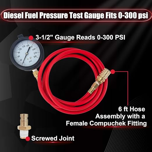 TU-32-20 Compuchek Diesel Fuel Pressure Test Gauge，0-300 psi，Compatible with Cummins Diesel Engines and Other Diesel Engines with Compuchek Test Ports, for Road Testing(6ft)