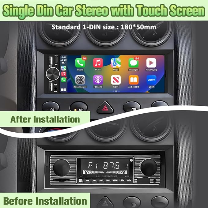 6.36" Single Din Car Stereo with Wireless CarPlay & Android Auto, IPS Touchscreen Head Unit with Backup Camera/External Microphone, Car Radio Supports Bluetooth/SWC/FM/Double USB/Type-C