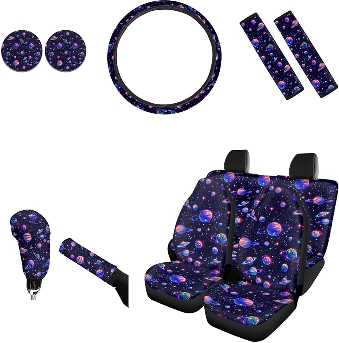 AFPANQZ Planet Print Car Seat Covers Full Set with Steering Wheel Cover/Gear Shift Knob Cover/Handbrake Cover/Seat Belt Shoulder Pads/Cup Holder Universal 11 Piece