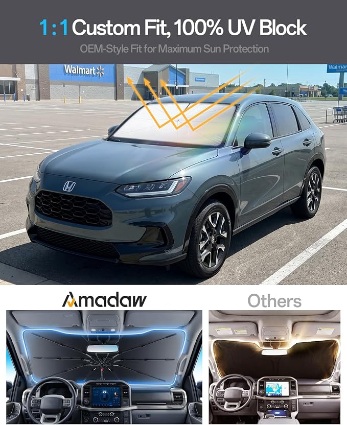 Windshield Sun Shade for Honda HR-V/Accord 2000–2026, Foldable Umbrella Sunshade with 100% UV Block, Multi-Layer Heat Insulation, Reinforced 10-Rib Frame, Keeps Car Cooler