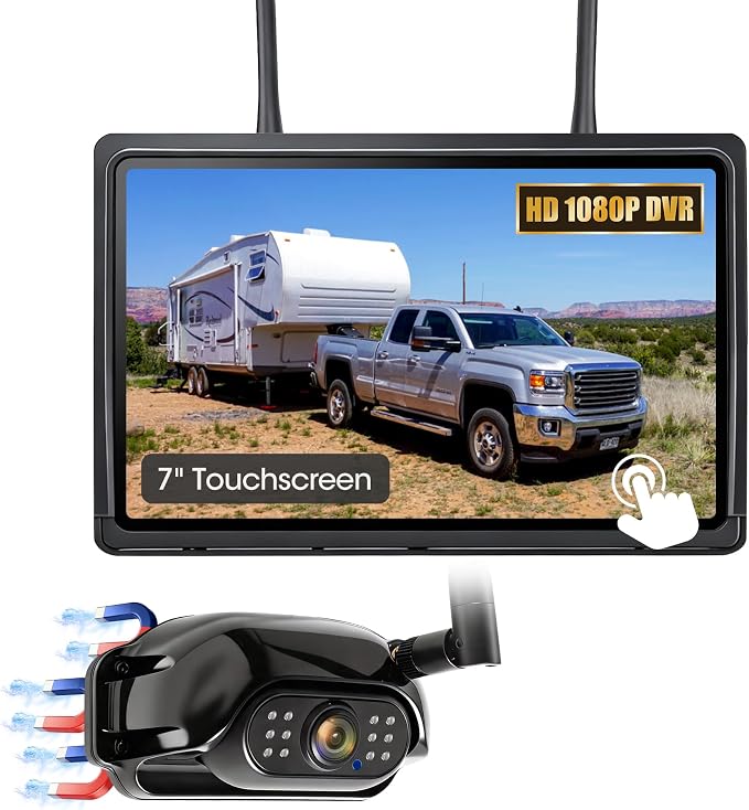 Magnetic Wireless RV Backup Camera System, 7.03" 1080P Touchscreen DVR Rear Camera Compatible with Furrion Pre-Wired Plug, Night Vision Waterproof Camera for Hitching, RV, Trailer, Truck, V03