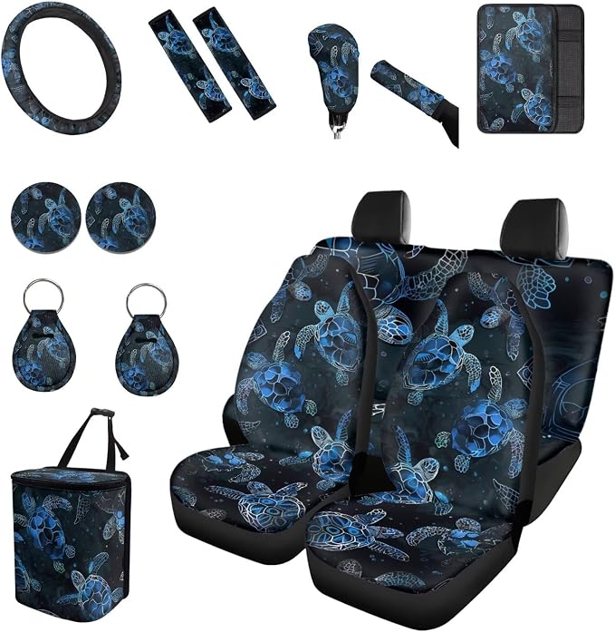 Forchrinse Sea Turtle Car Cover for Women Men Front Back Seat Cover with Steering Wheel Cover/Armrest Seatbelt Cover/Handbrake Gear Shift Cover/Garbage Trash Can