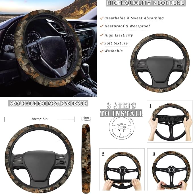 KEIAHUAN Deer Camo Hunting Car Seat Covers Full Set Front Rear Seat Covers Handbrake and Gear Shift Knob Cover,Headrest Covers,Steering Wheel Cover,Head Rest Cover,Coasters 11 PCS