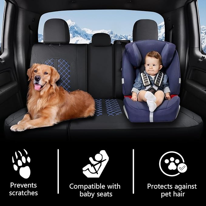 Truckiipa Leather Ford F150 Seat Covers Full Set, Waterproof Custom Automotive Seat Covers Fit for 2015-2026 Ford F150 SuperCrew, 2017-2026 F250 F350 F450 Super Duty Crew Cab, Full Set, Black&Blue